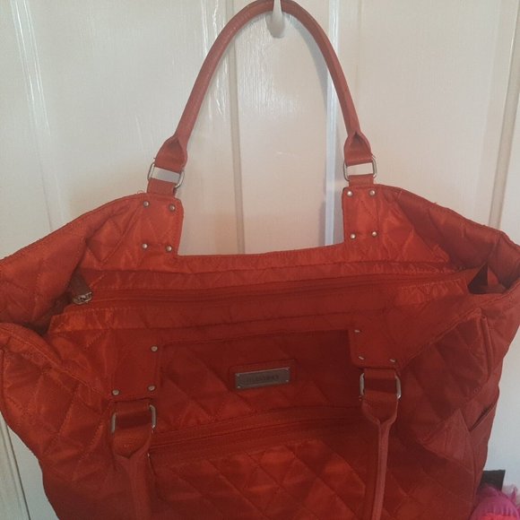 Orange Quilted Ellen Tracy Tote Bag Satchel Carry On Travel Case Weekender - Picture 6 of 12